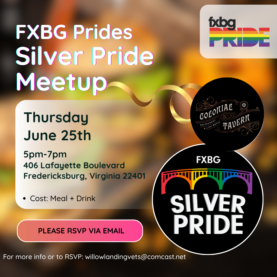 FXBG Pride Senior Dinner meetup poster with an image of the monthly location's logo and a rainbow bridge. FXBG Pride logo is in top right corner