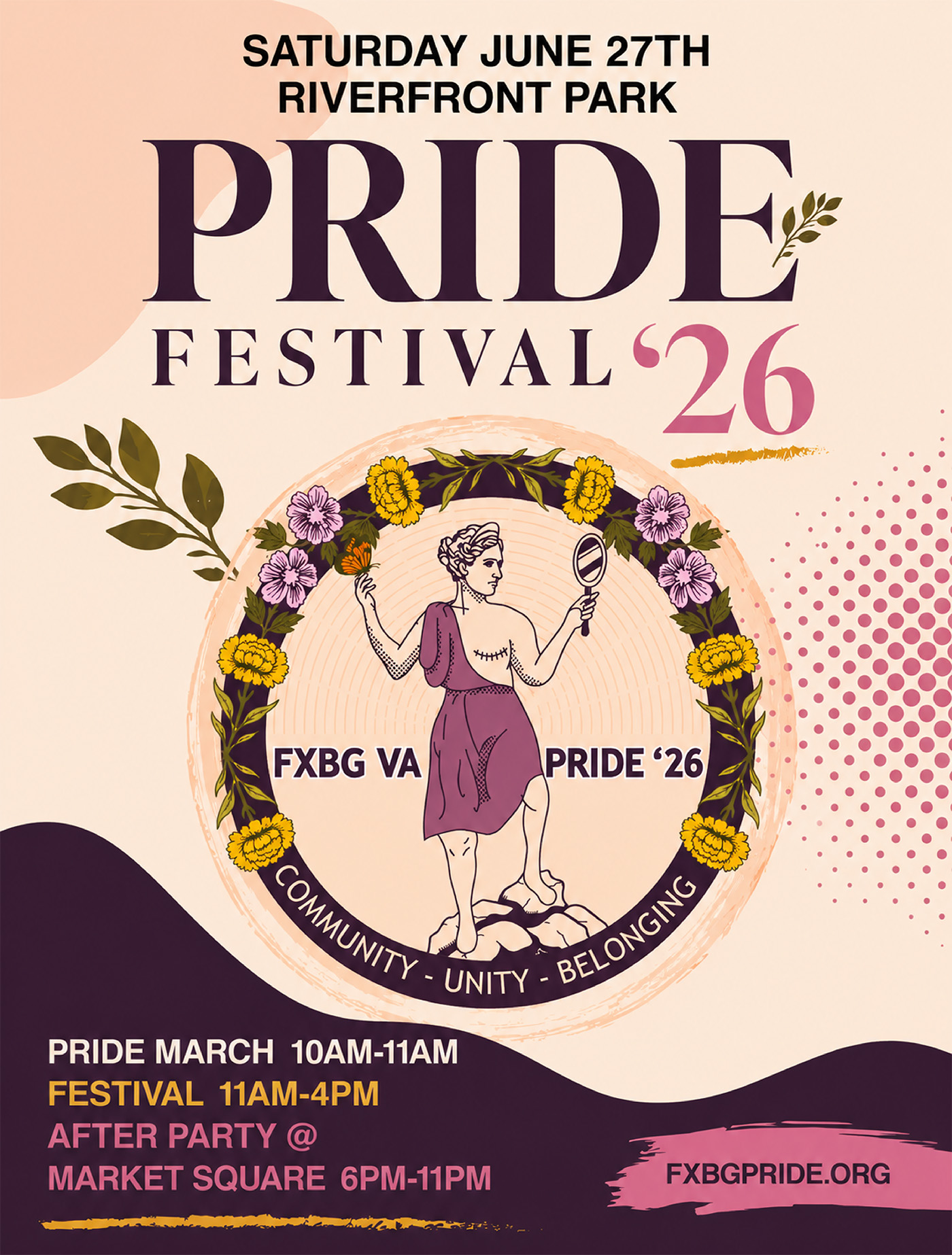 A poster for Fredericksburg pride depicting the the person on the Virginia flag named Virtue, but they have top-surgery scars. Around them is a band of flowers, and Virtue is holding a mirror in one hand and a butterfly in the other. Below them are the words, "Community, Unity, and Belonging."